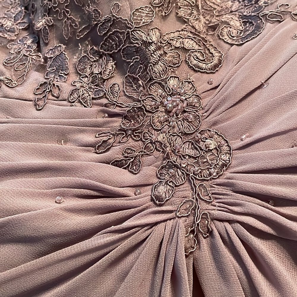 Azazie dress color is dusk(pic#1) lace bust gathered waist high/low hem lined - Picture 8 of 16